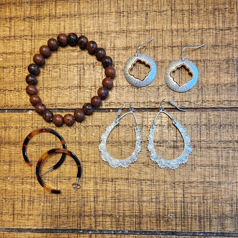 Earrings/Bracelet LOT- Silver Filigree Teardrop- SILVER & BROWN
